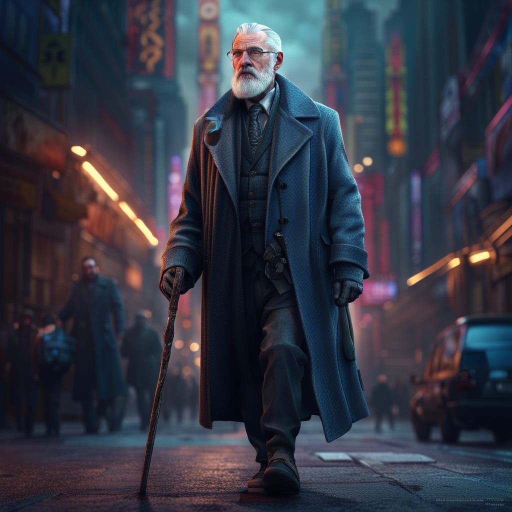 Cyberpunk Cop with Walking Stick in Detailed Digital Art