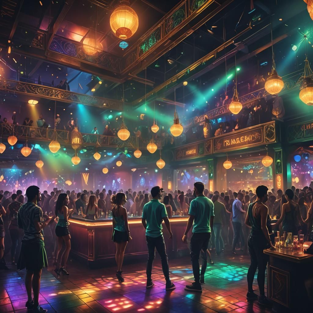 Vibrant Fantasy Club at Night: Matte Painting