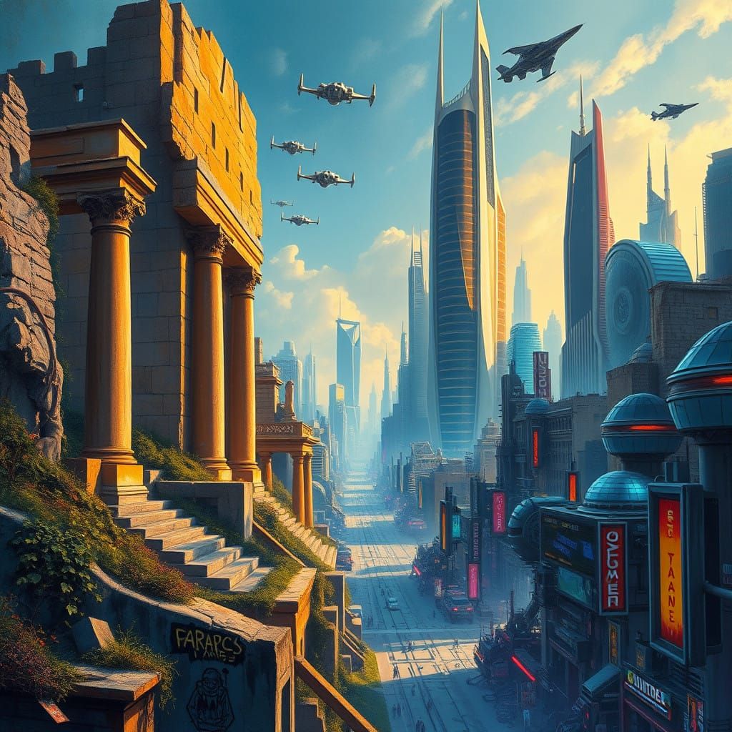 Ethereal City of Contrasts in Cyberpunk Aesthetic