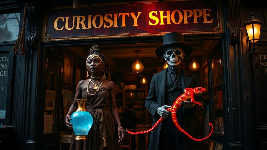 Mysterious Encounter in Whimsical London Curiosity Shop
