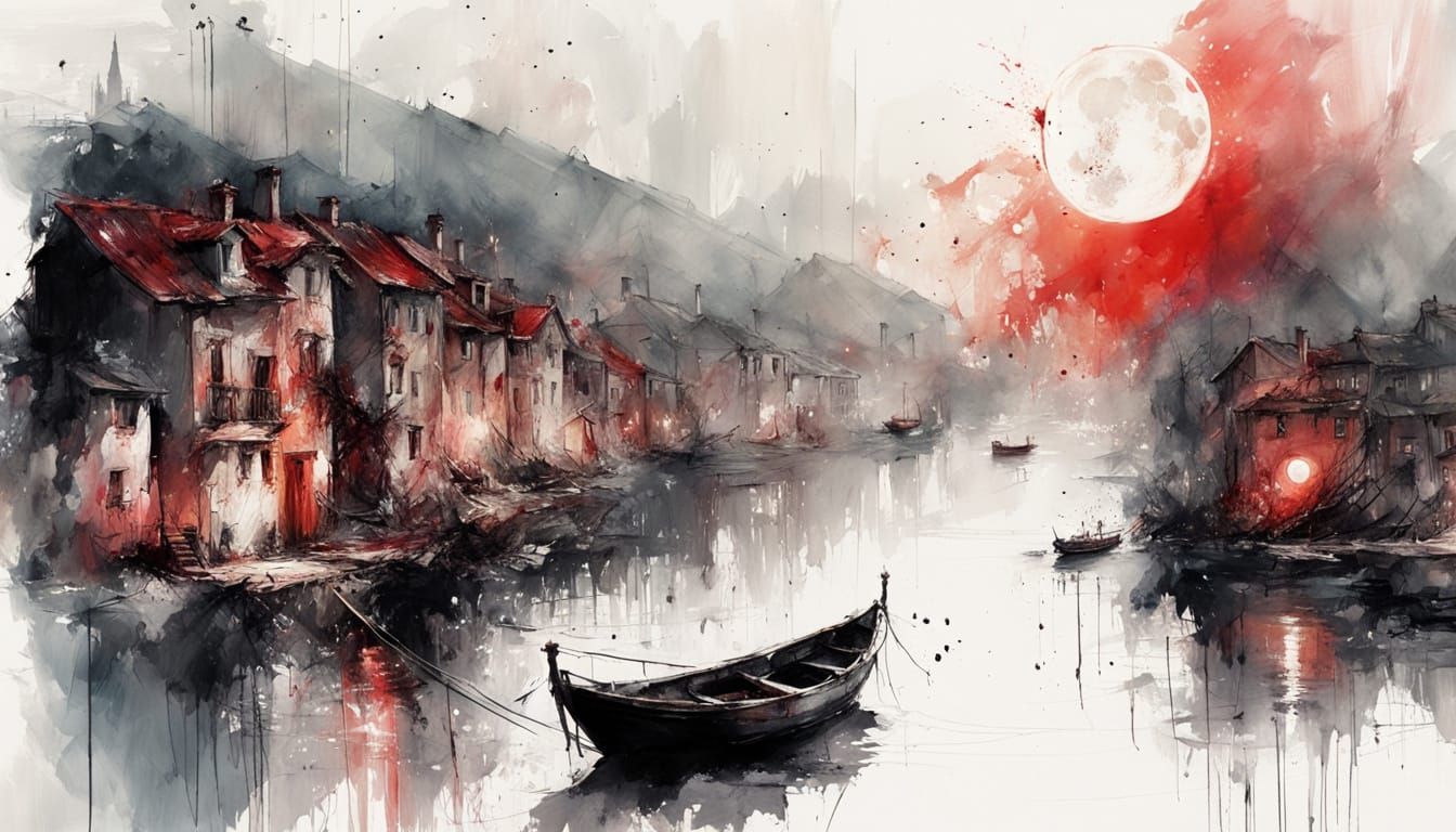 Cascading Italian Village in Watercolor Ink Splatter Art