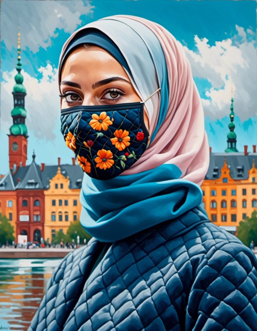Young Woman in Hijab and Mask, Oil Painting Style
