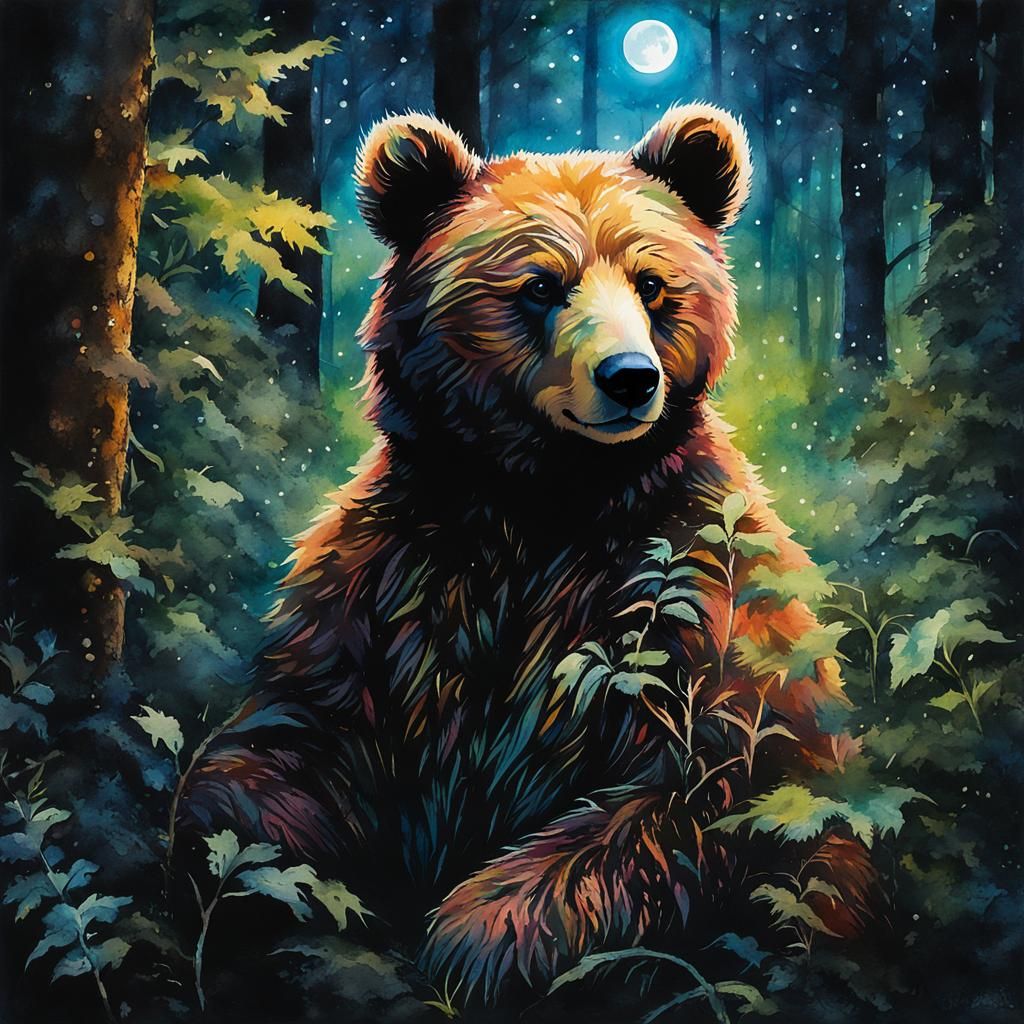 Mystical Teddy Bear in Forest, Watercolor Art