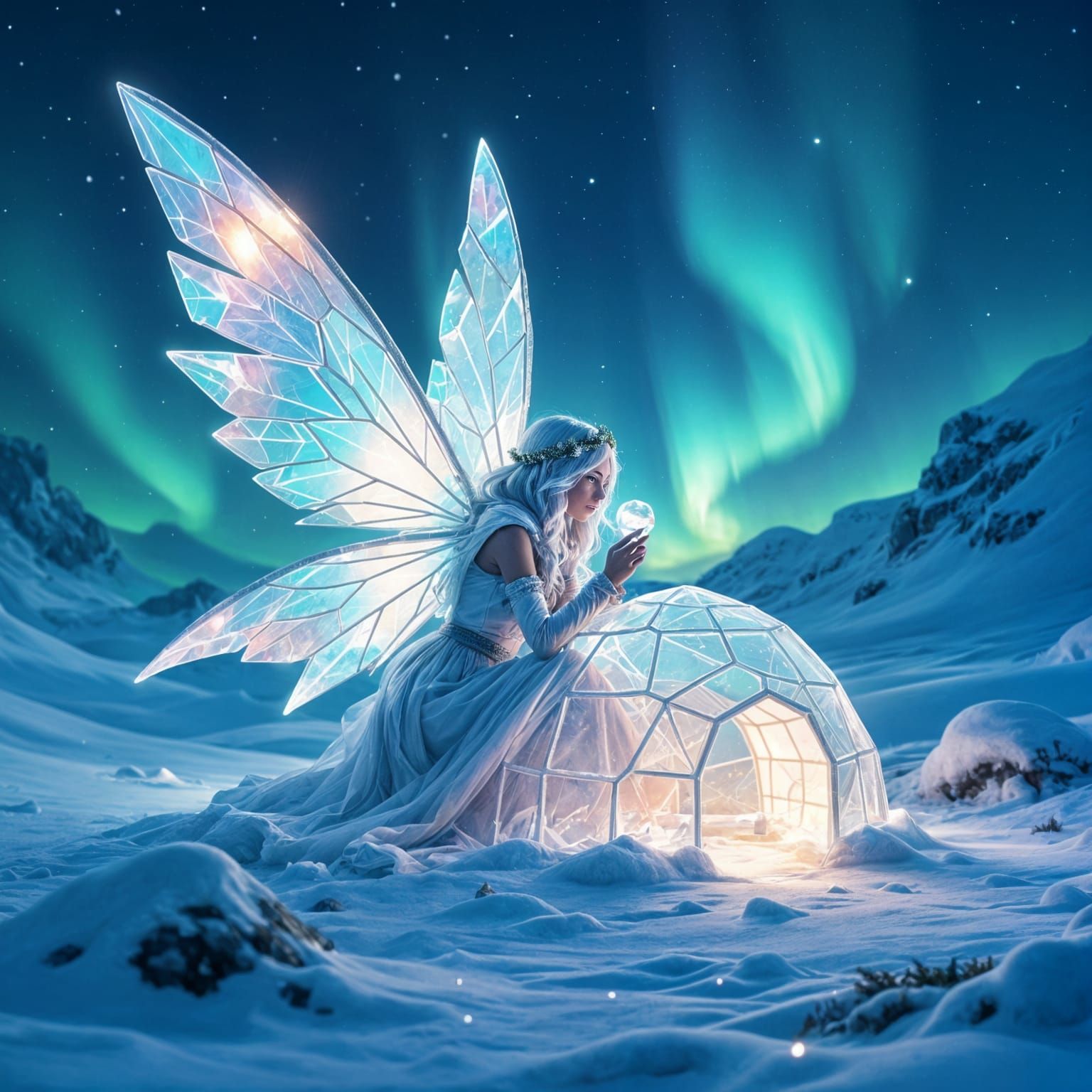 Arctic Aurora Fairy with Ice Wings