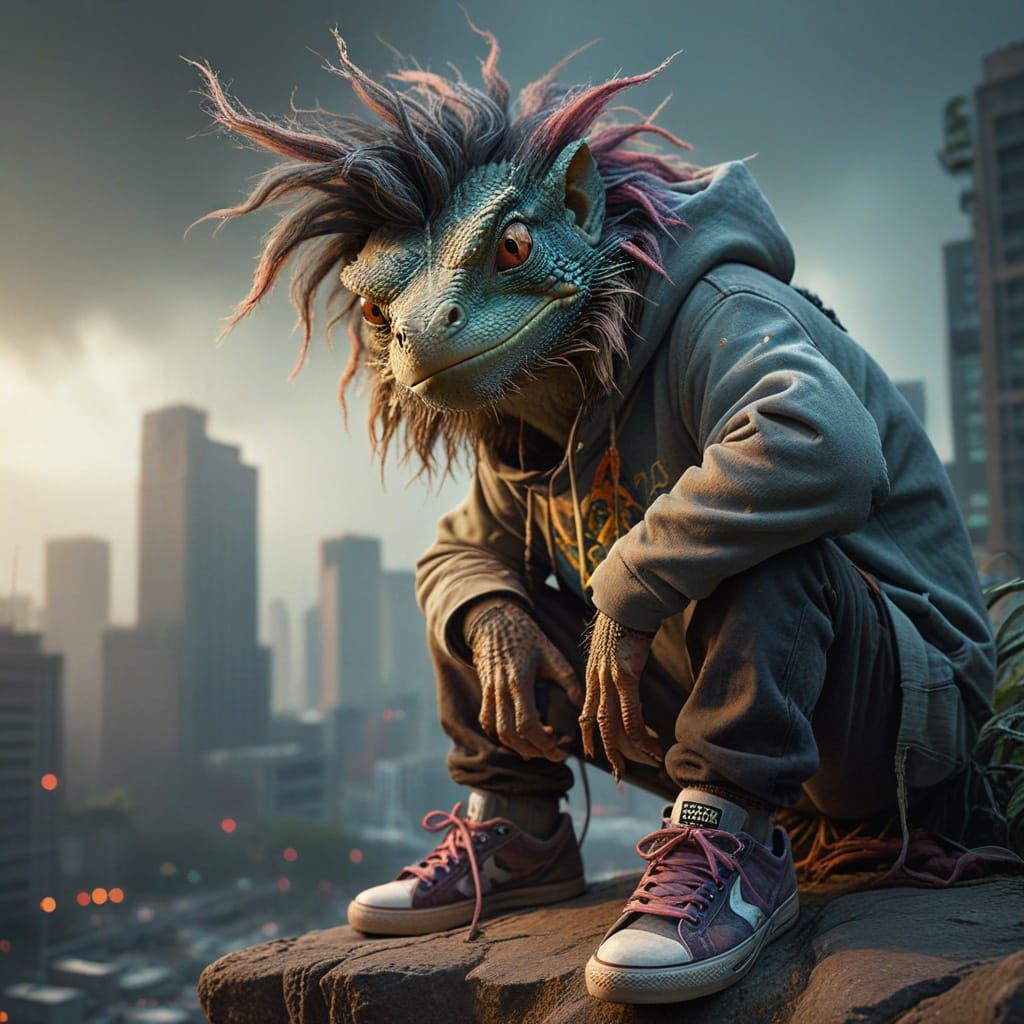 Grumpy Lizard in Urban Jungle, Semi-Realistic Style