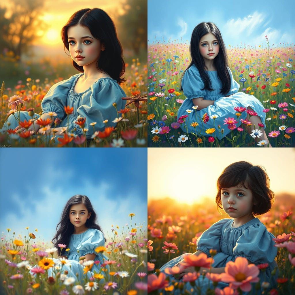 Girl in Blue Dress Sitting in Flower Field