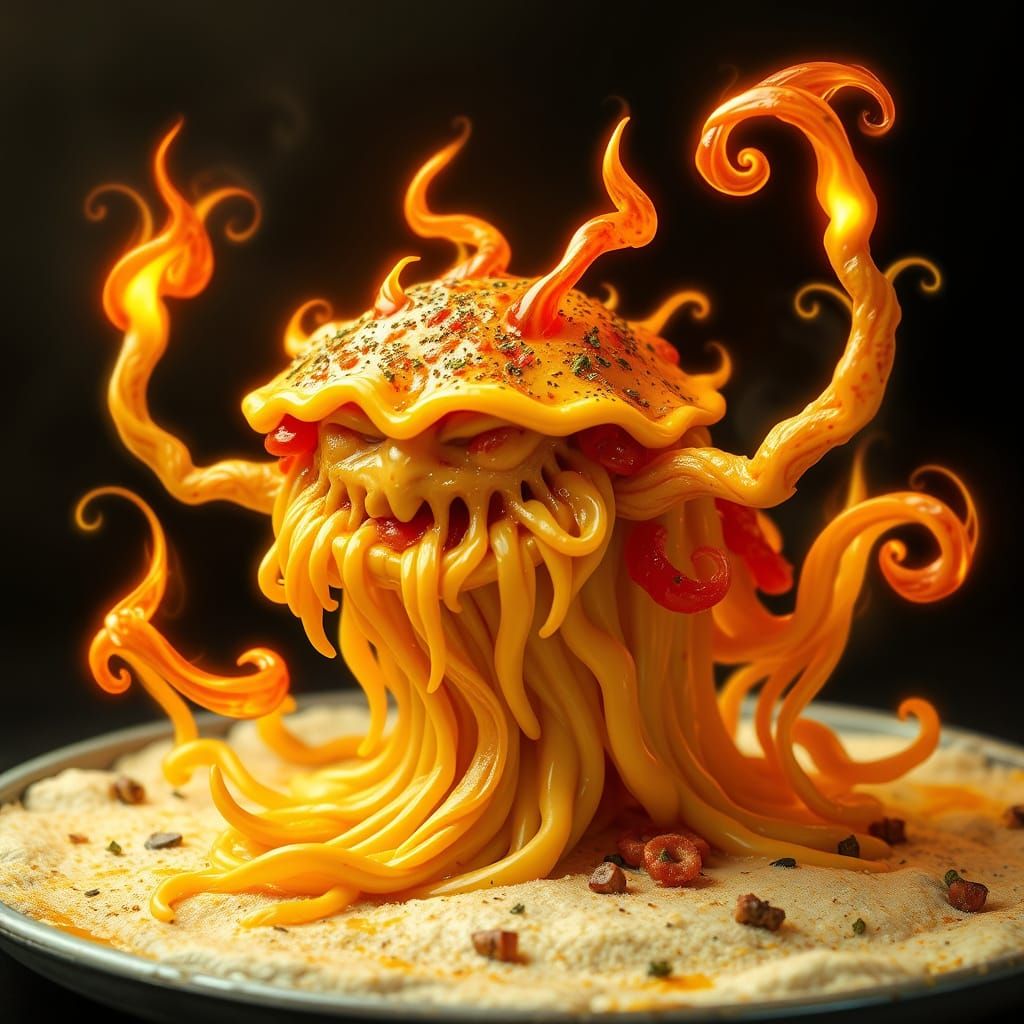 Surreal Lasagna Creature Emerges from Whimsical Clouds