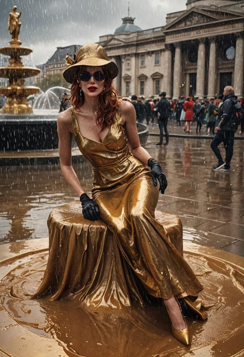 Glamorous Woman in Gold Dress in Trafalgar Square Fountain