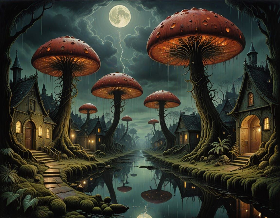 Gothic Surrealist Nighttime Scene with Palm Trees and Mushro...