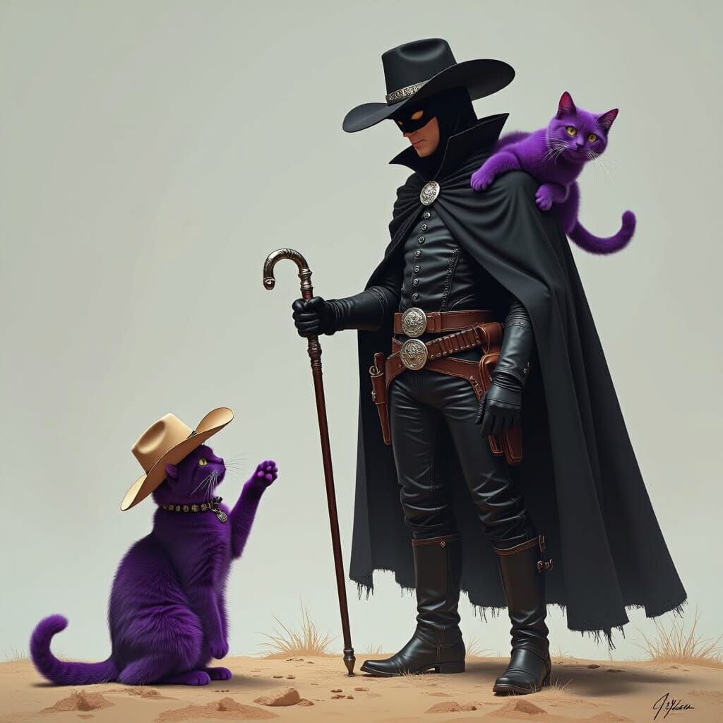 Whimsical Purple Cat Rodeo on a Cloaked Figure