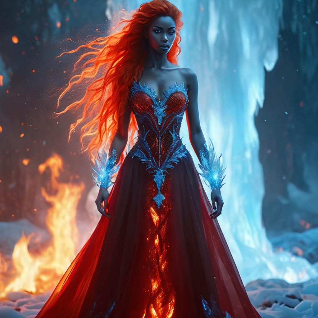 Goddess of Ice and Fire in Surreal Digital Art