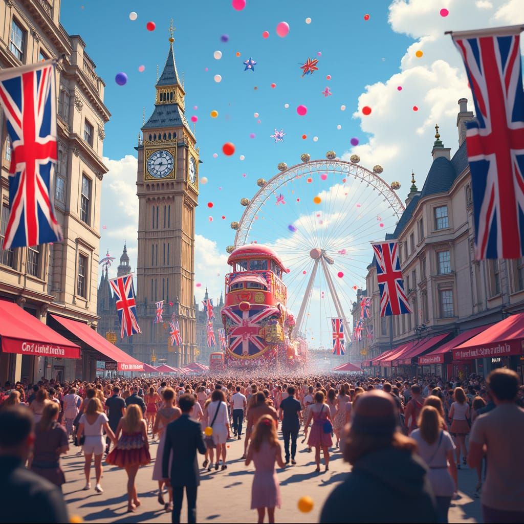 Vibrant London Jubilee Celebration in 3D Anime Style
