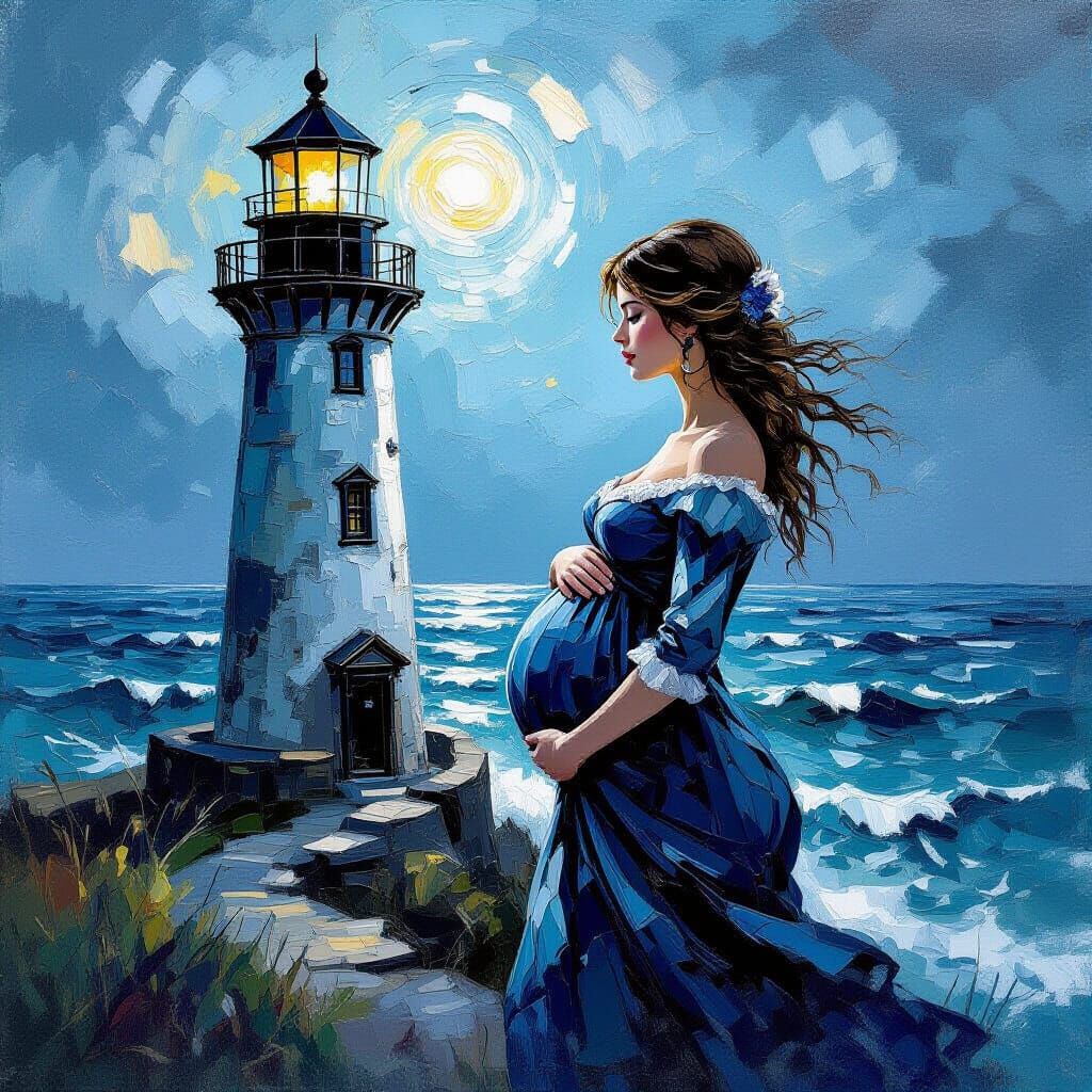 Impasto Steampunk Portrait of Pregnant Woman at Lighthouse