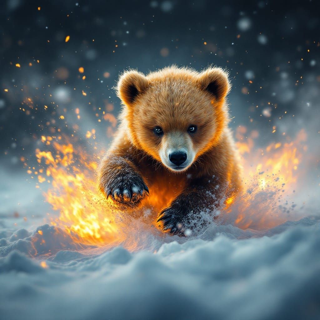 Fiery Grizzly Cub Charges Through Arctic Blizzard