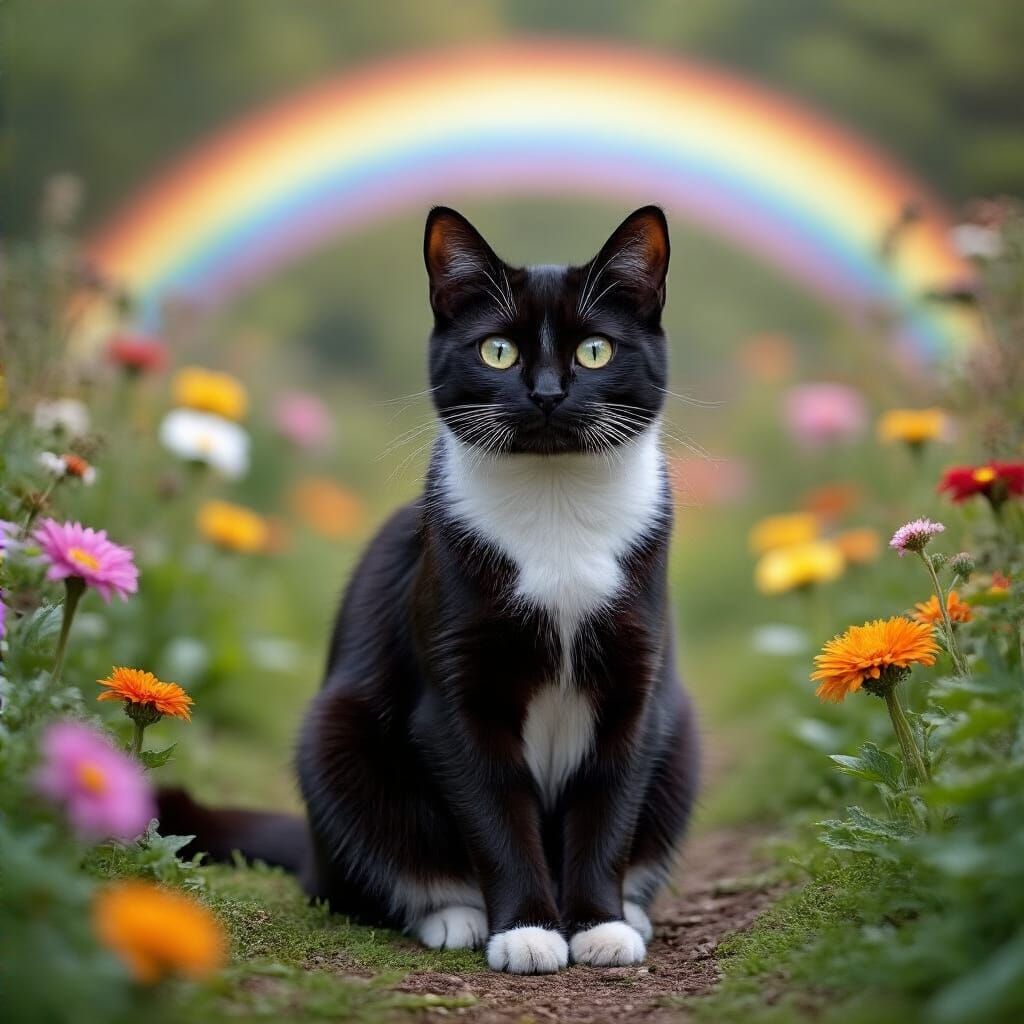 Black and White Cat in Flower Garden with Rainbow
