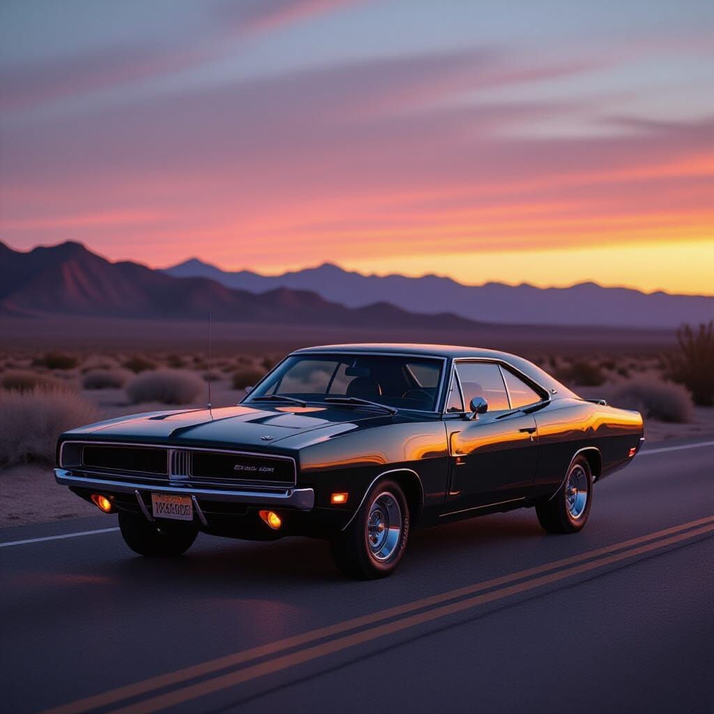 1969 Dodge Charger on Desert Highway at Dusk