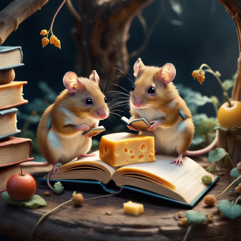 Harvest Mice Reading: A Colorful Fantasy Illustration