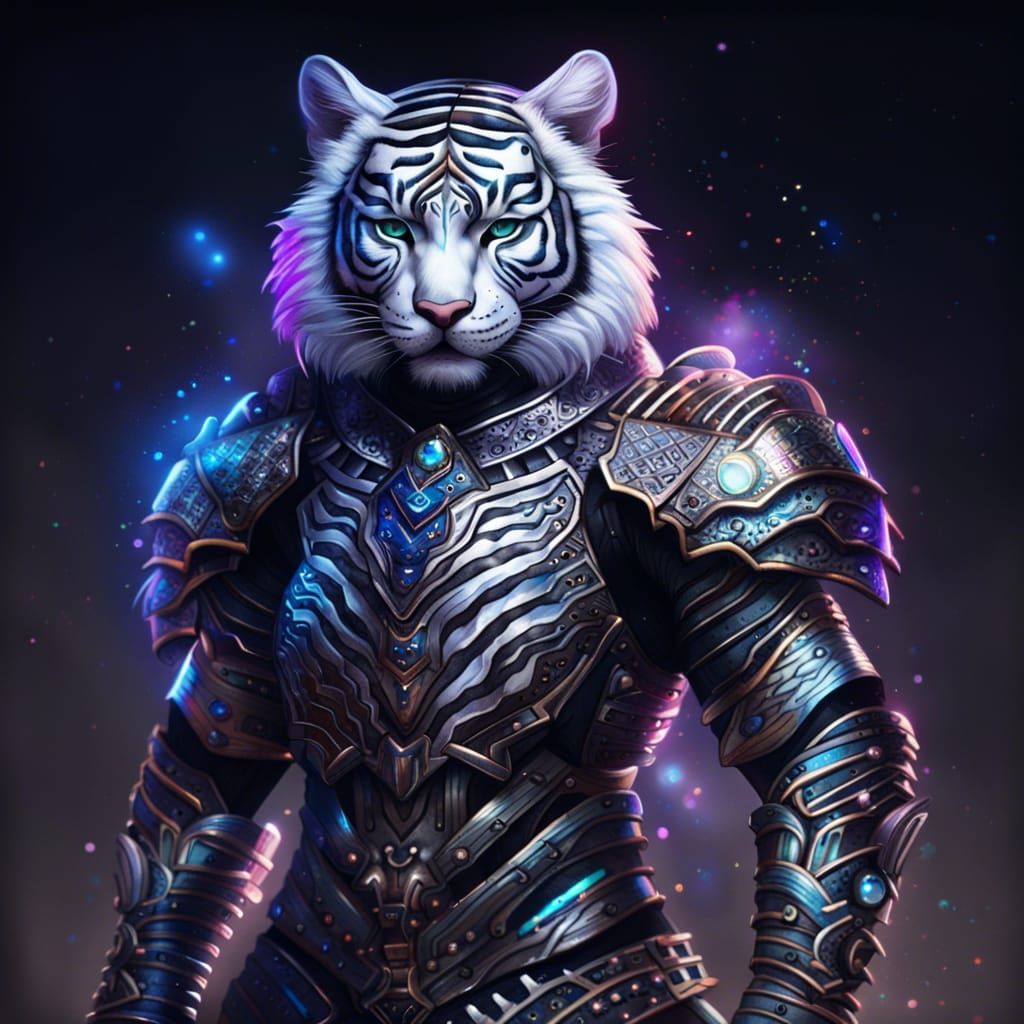 Armored Tiger Furry Portrait in Holographic Style