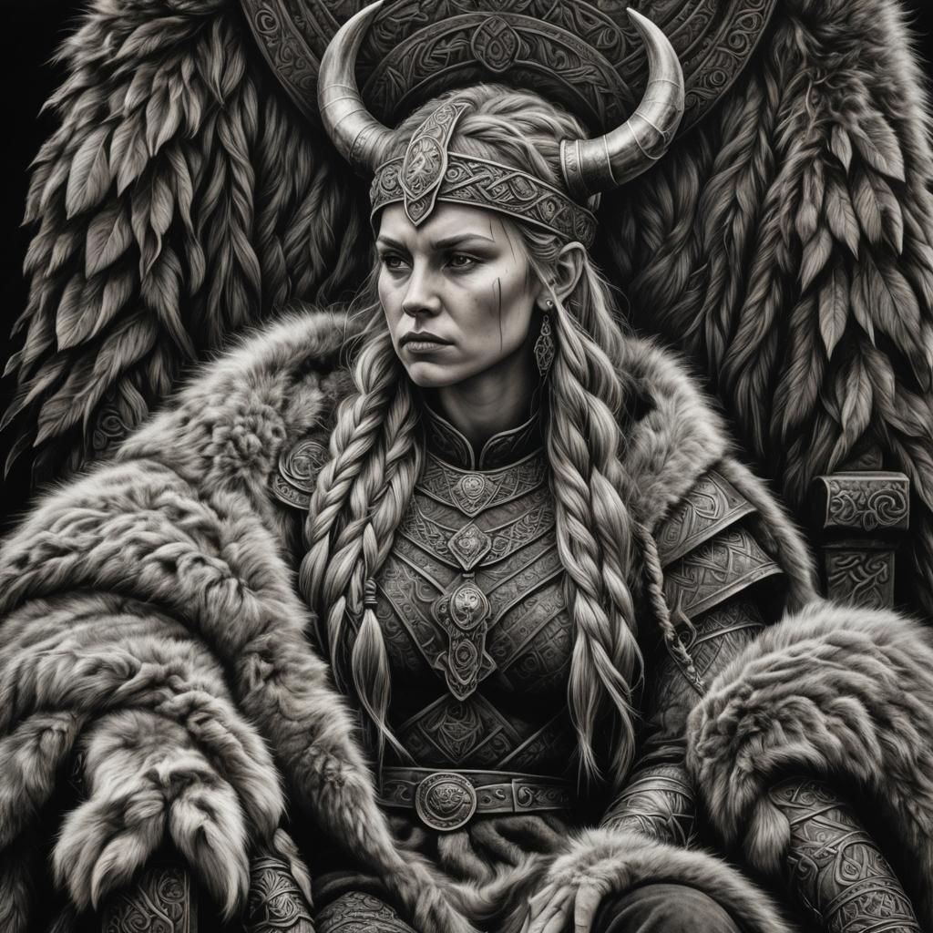 Detailed Charcoal Drawing of a Viking Queen