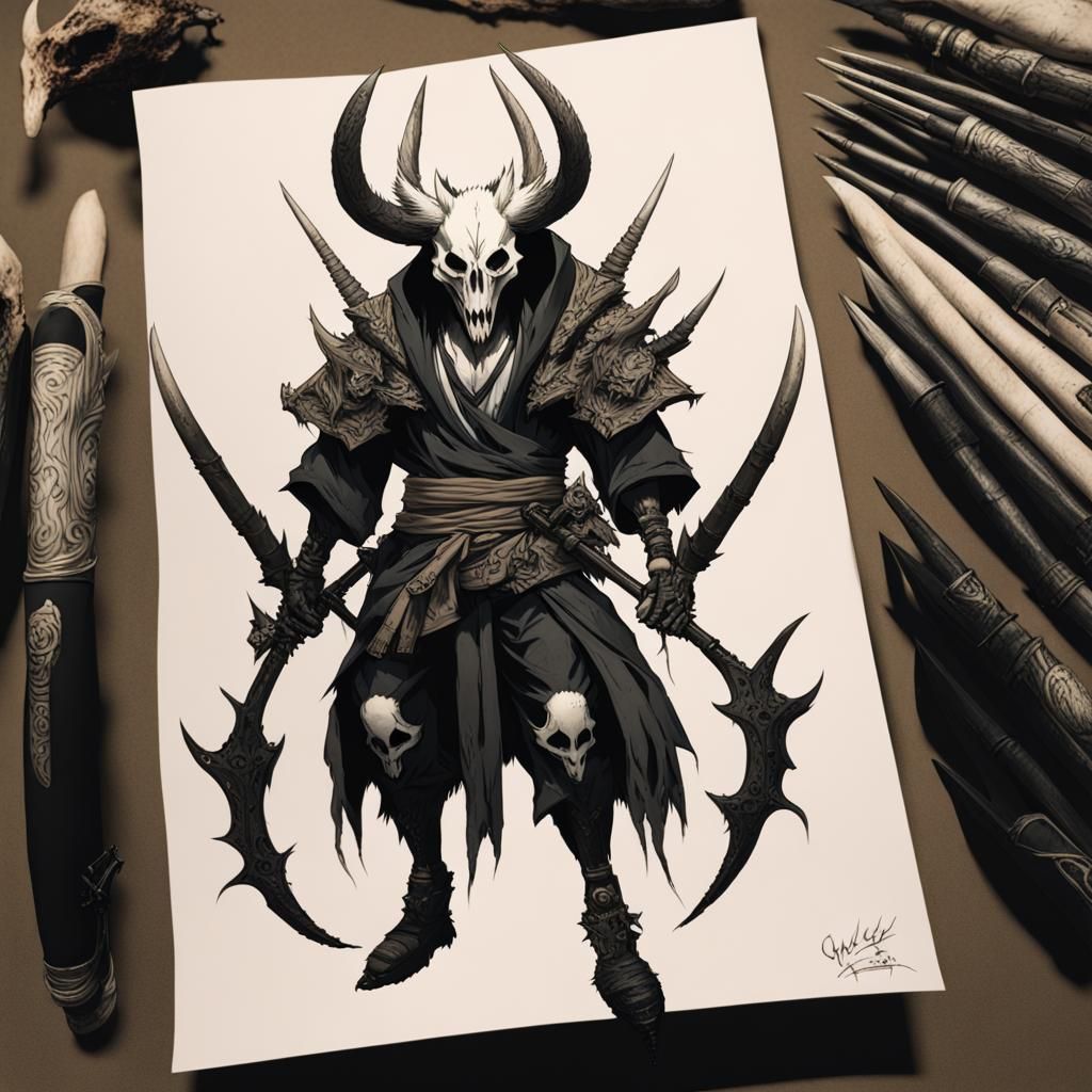 Horror Wolf Skull with Horns and Metal Arms