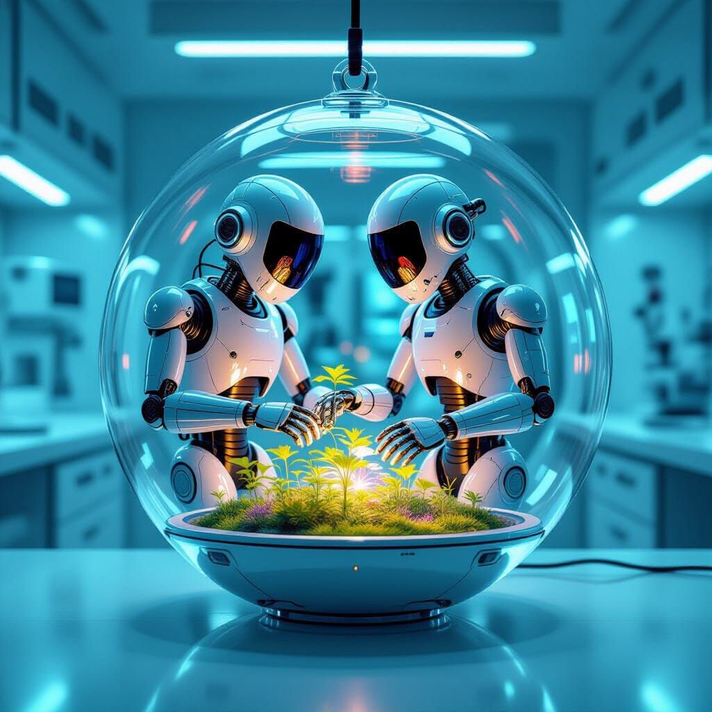 1950s Robot Tends Bio-Luminescent Garden in Sci-Fi Lab