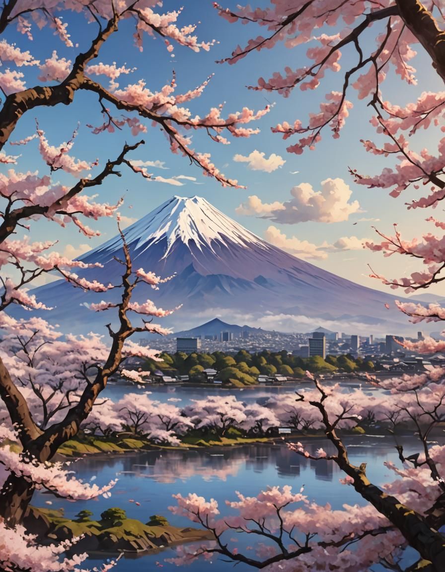 Mount Fuji Cherry Blossoms in Impasto Style