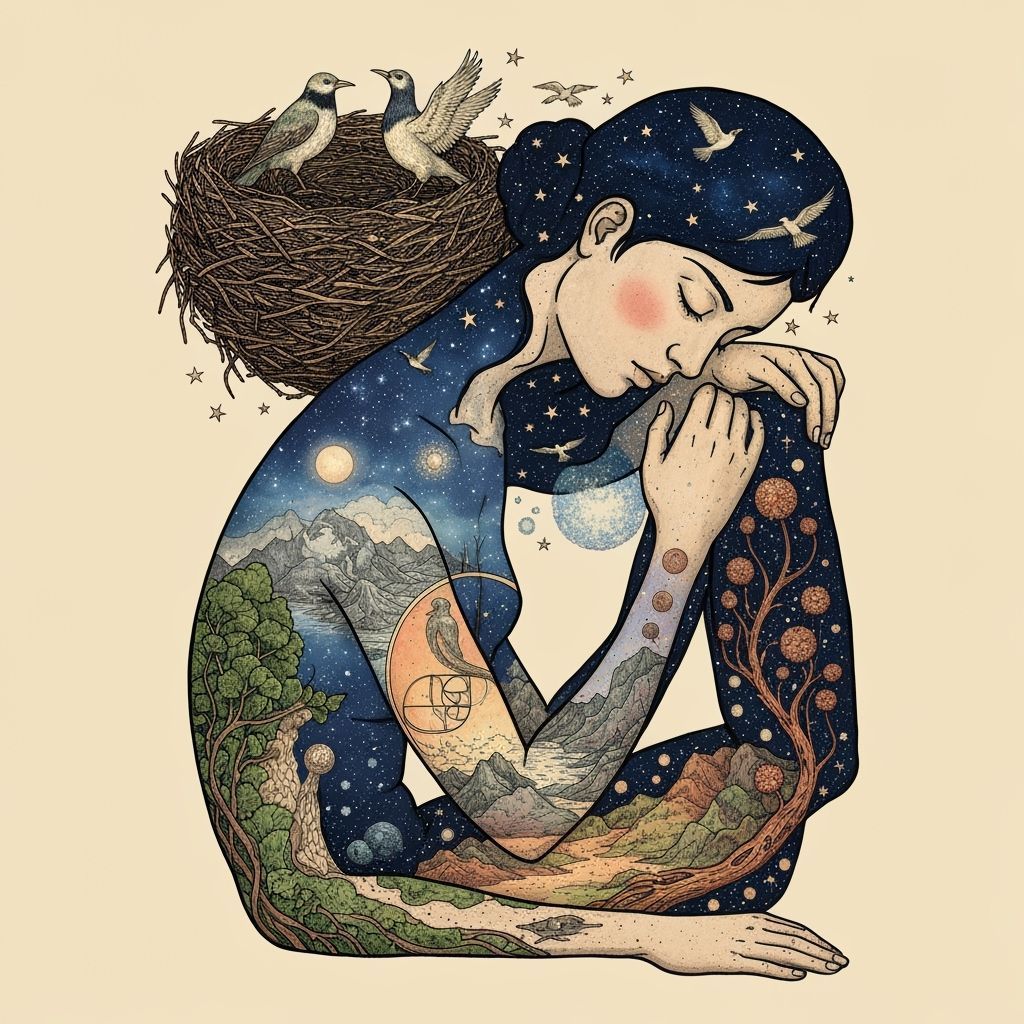 Surreal Image of Woman Carrying a Starry Nest
