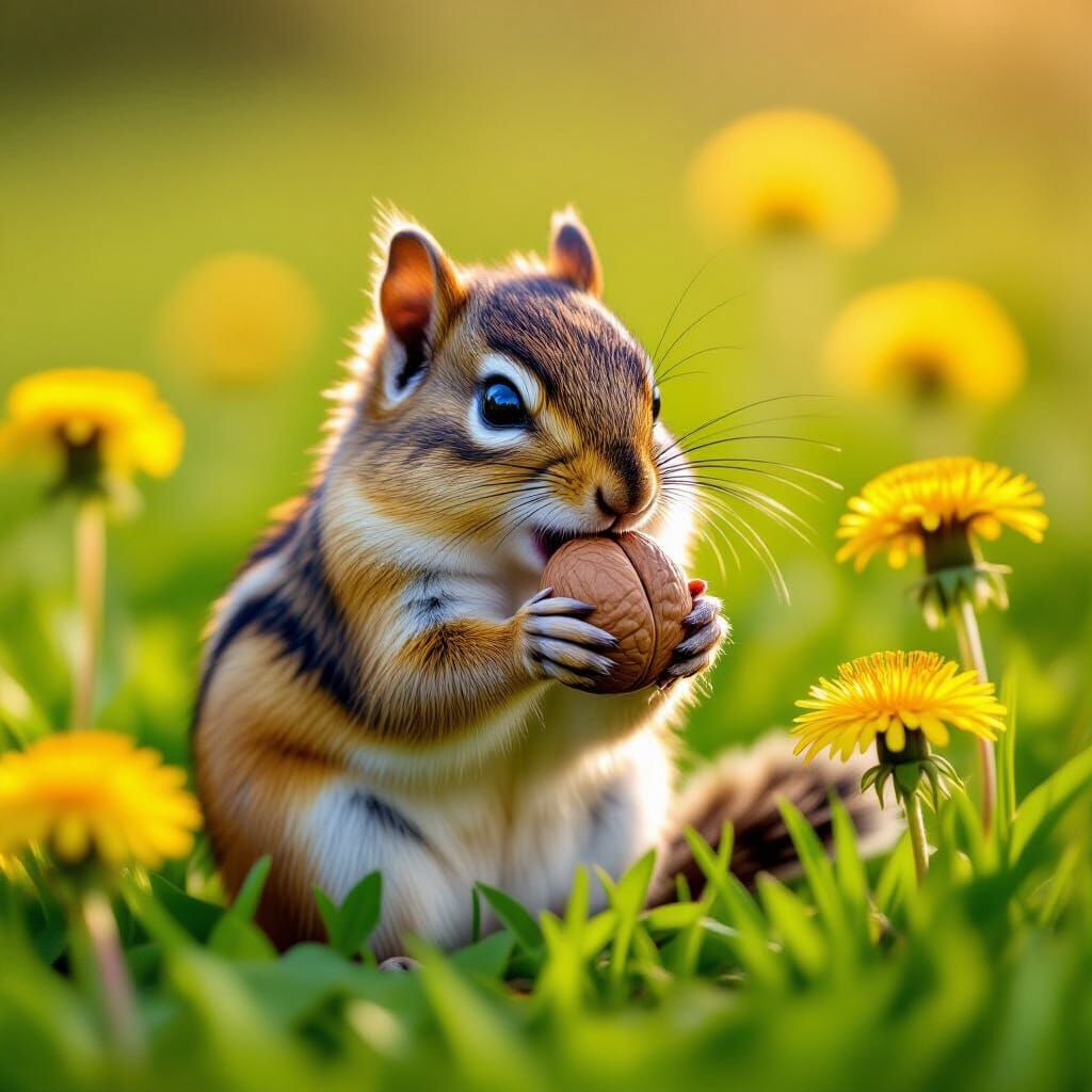 Chipmunk Eating Walnut in Golden Hour Grass