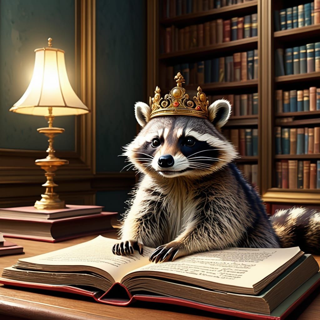 Raccoon King in Baroque Library, Impasto Watercolor