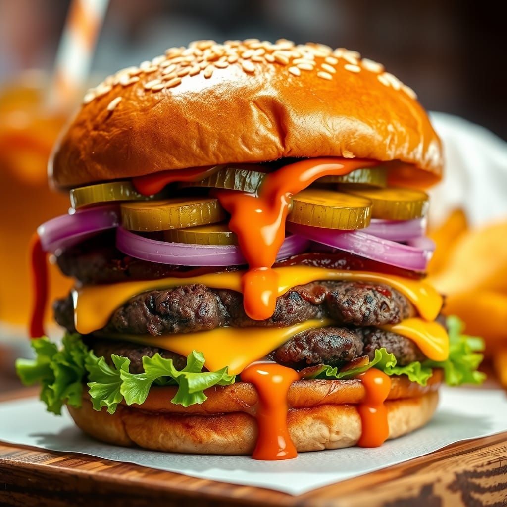 Gourmet Double Cheeseburger in Cinematic Style