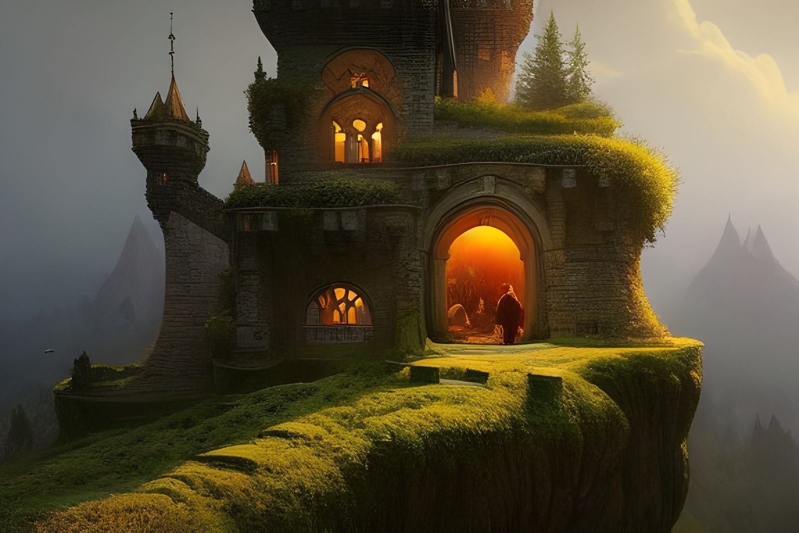 Hobbit Castle on Forested Hillside, Fantasy Art