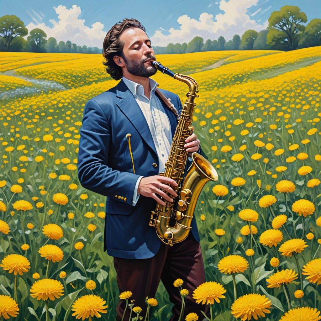 Flamboyant Saxophonist in Dazzling Dandelion Field