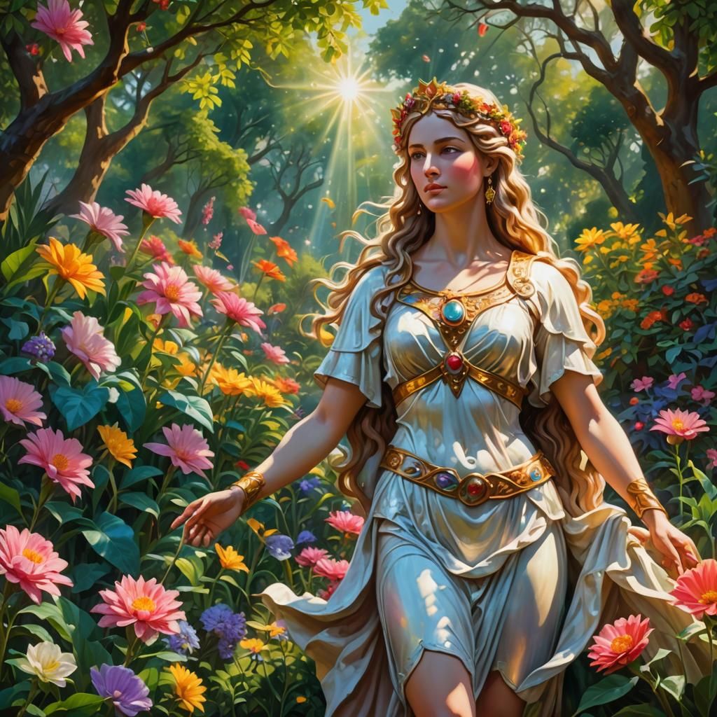 Aphrodite in a Colorful Garden: Mythological Oil Painting