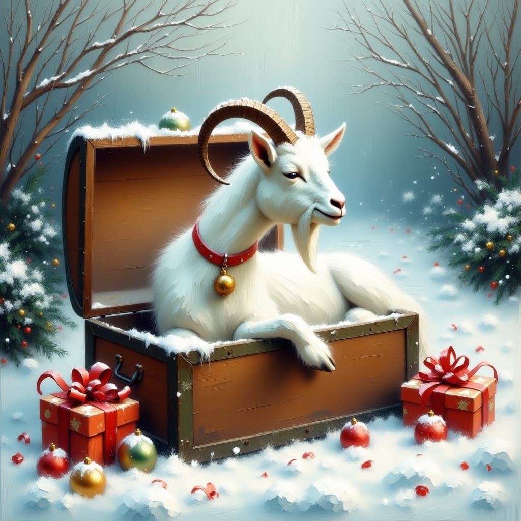 Festive Winter Goat Guards Gifts in Snowy Landscape