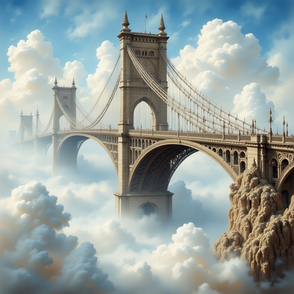Surreal Bridge Rises from Clouds in Dreamlike Watercolor