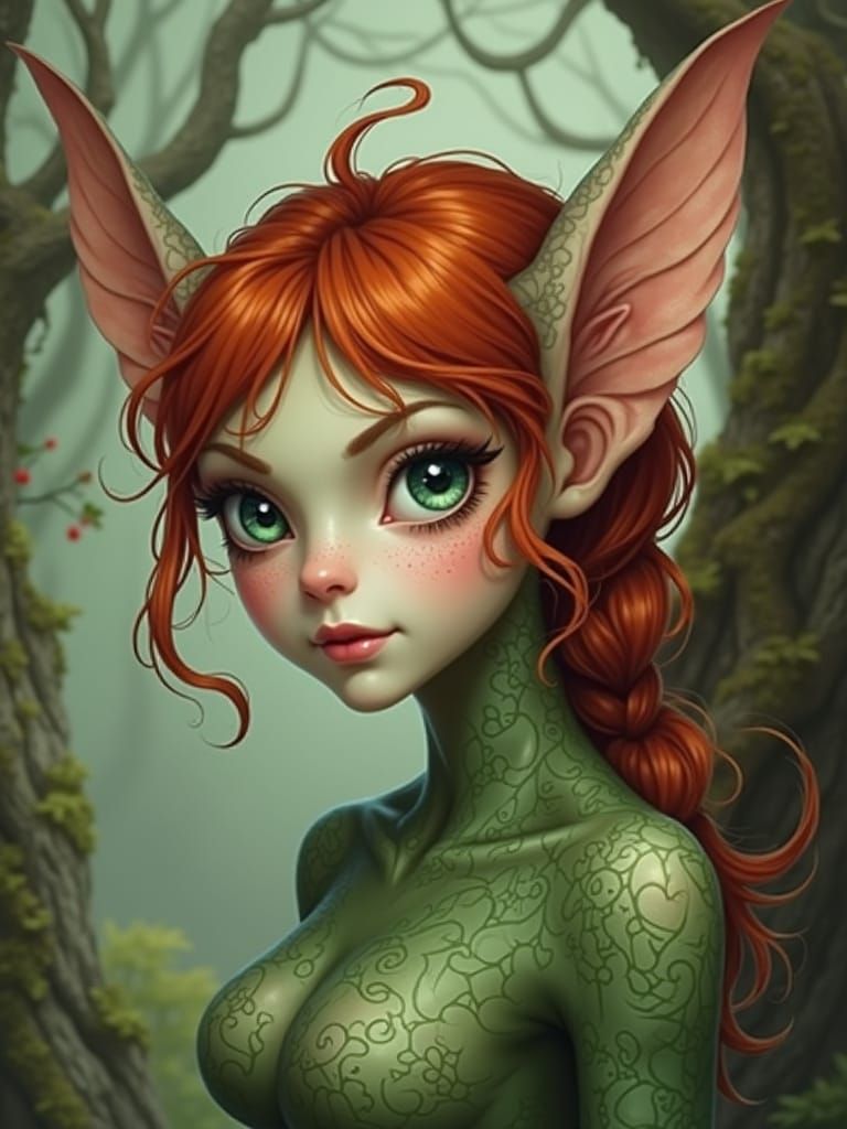 Whimsical Female Fey with Elongated Ears and Iridescent Skin