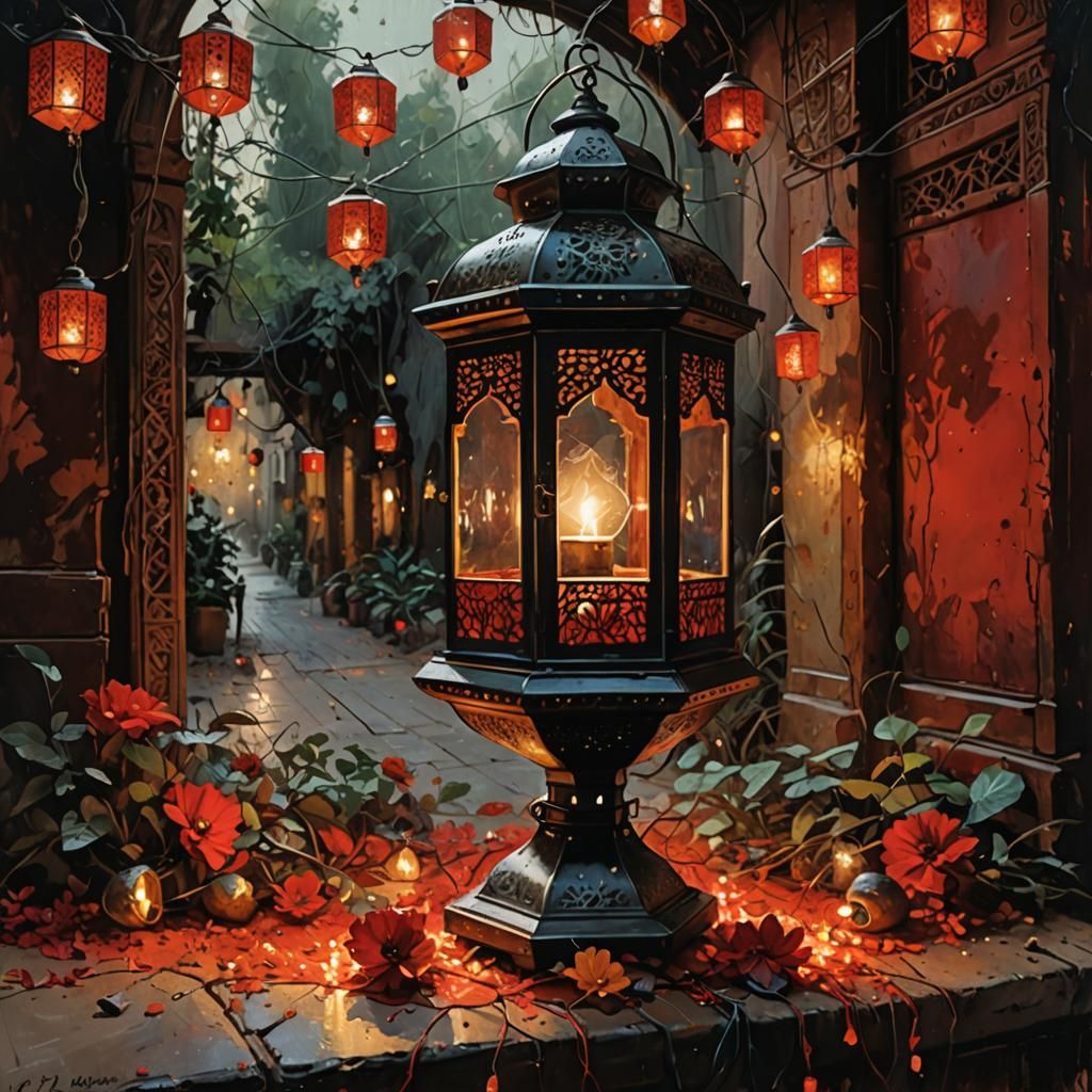 Marrakesh Lantern with String Lights in Oil