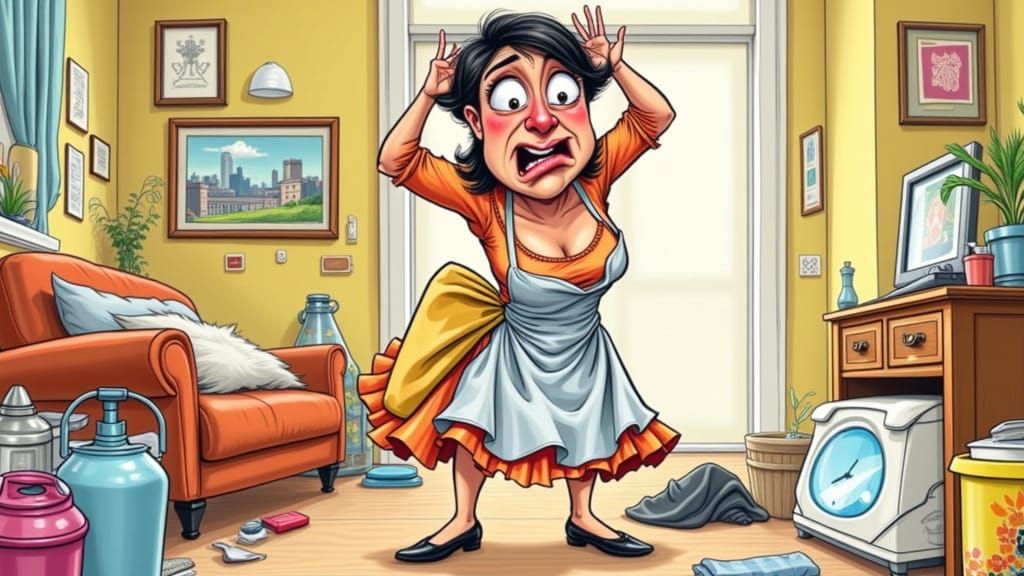 Frantic Mother in Exaggerated Caricature Style