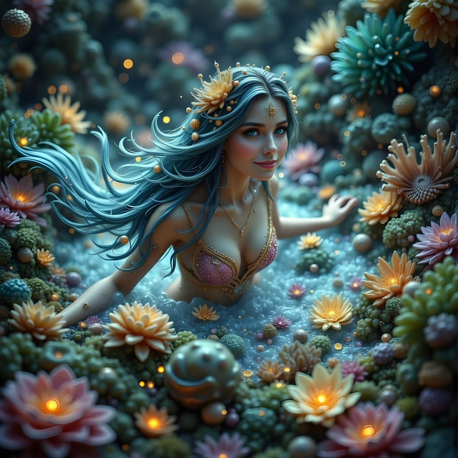 Ethereal Mermaid in Alien Ocean, Hand Drawn Bohemian Style