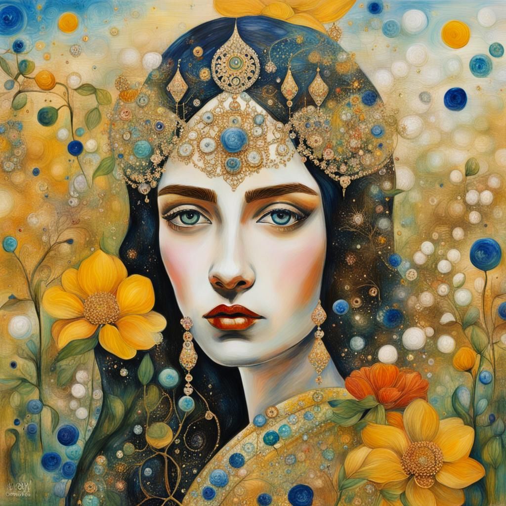 Arabian Princess in Summer Garden: Surrealist Mixed Media