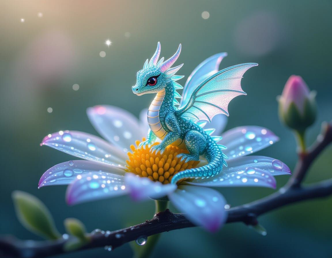 Iridescent Dewdrop Dragon on Bioluminescent Flower