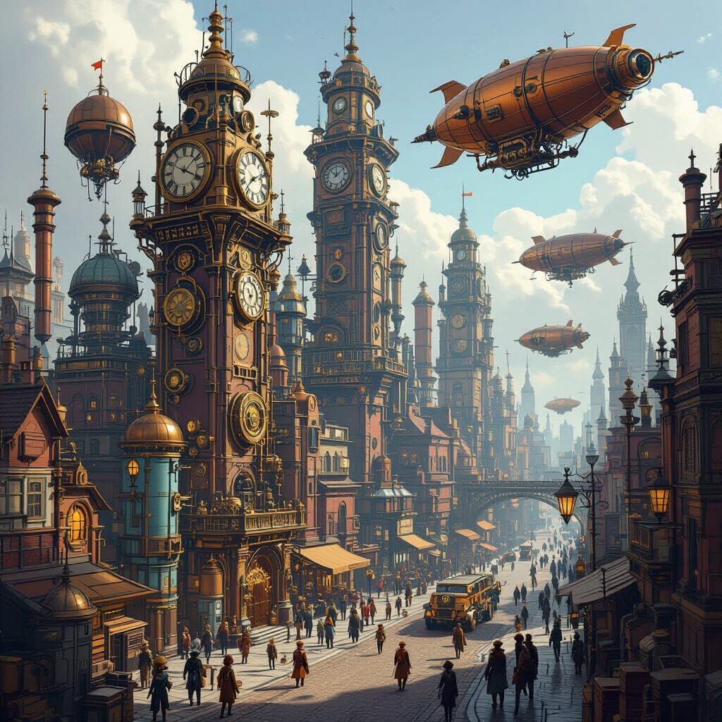 Steampunk Cityscape with Clockwork Buildings and Airships