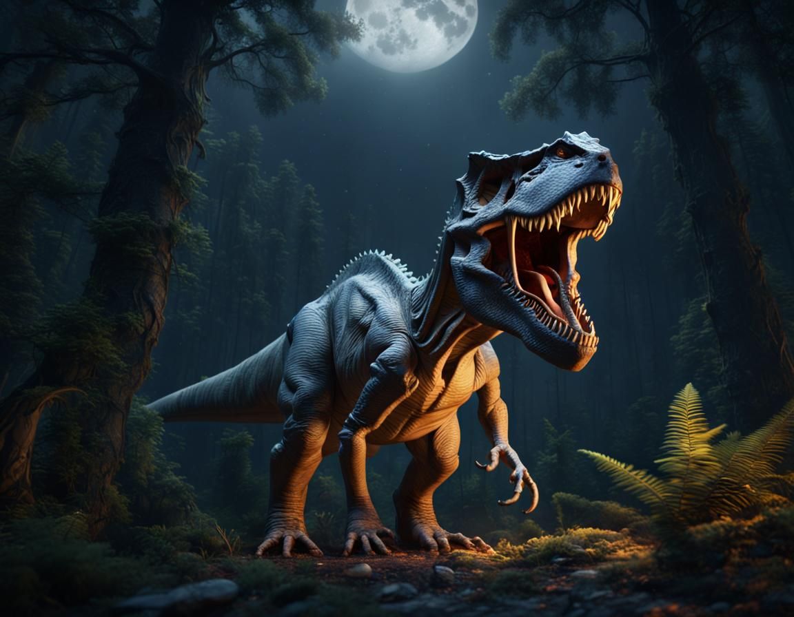 Tyrannosaurus Rex in Moonlit Prehistoric Forest