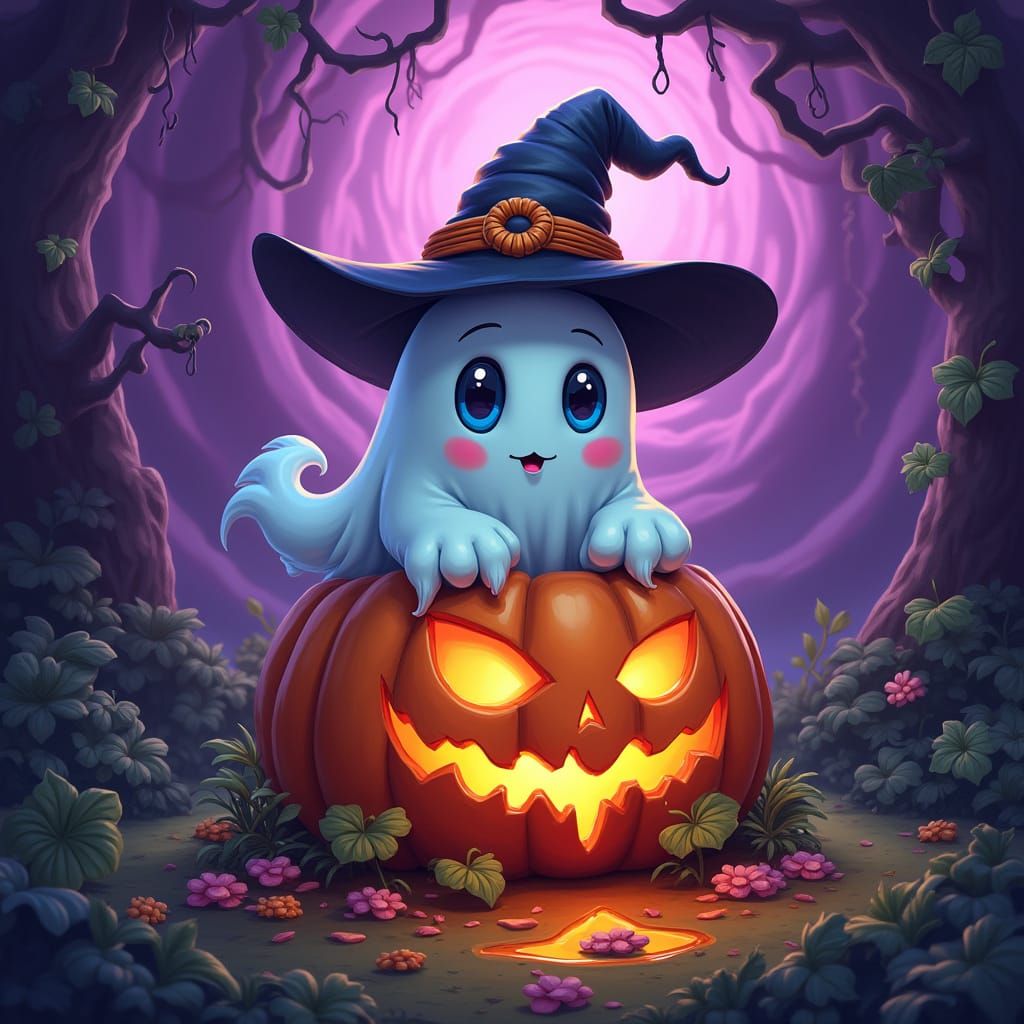 Glossy 3D Ghost in Witch Hat on Caramel Pumpkin