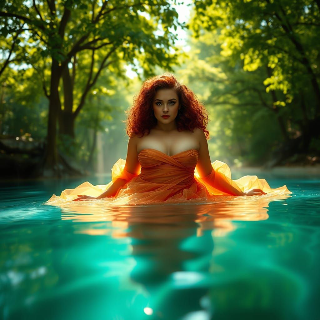 Surreal Poolside Goddess in Emerald Forest