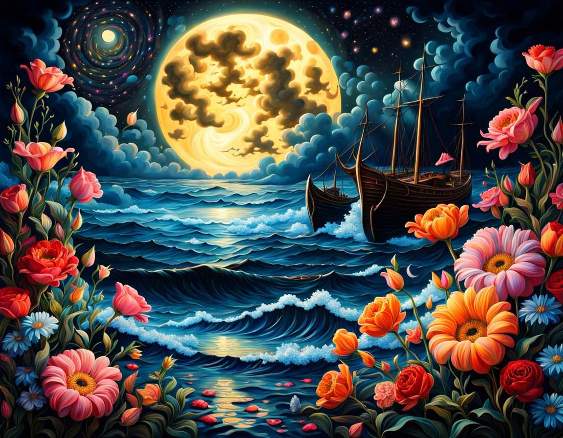 Romantic Starry Night with Sirens in Baroque Style