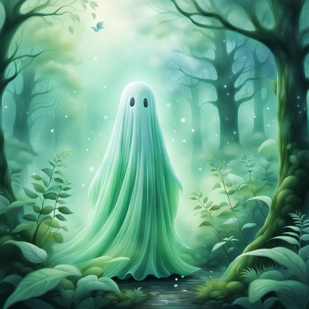 Whimsical Ghost in a Dreamy Green Forest Scene