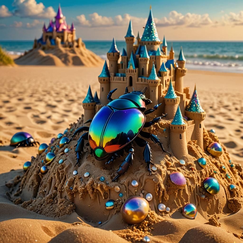 Dung Beetle's Dreamy Sandcastle on a Sunny Beach