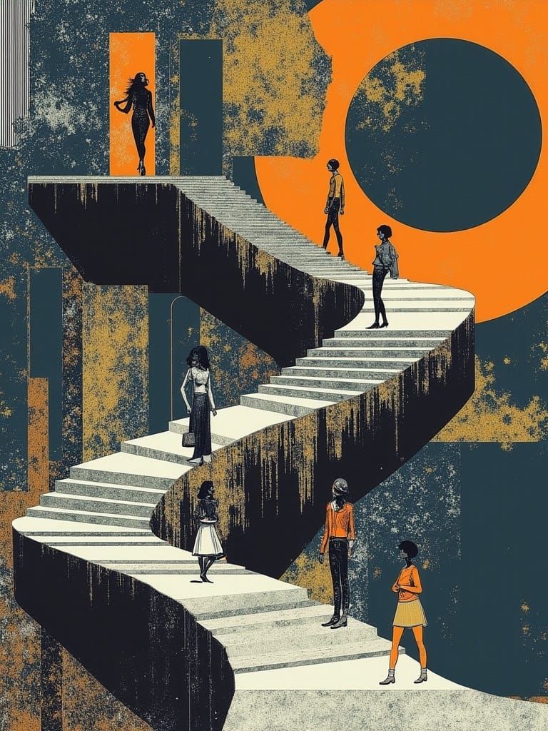 Escher-Inspired Abstract Scene with Golden Sunset and Geomet...