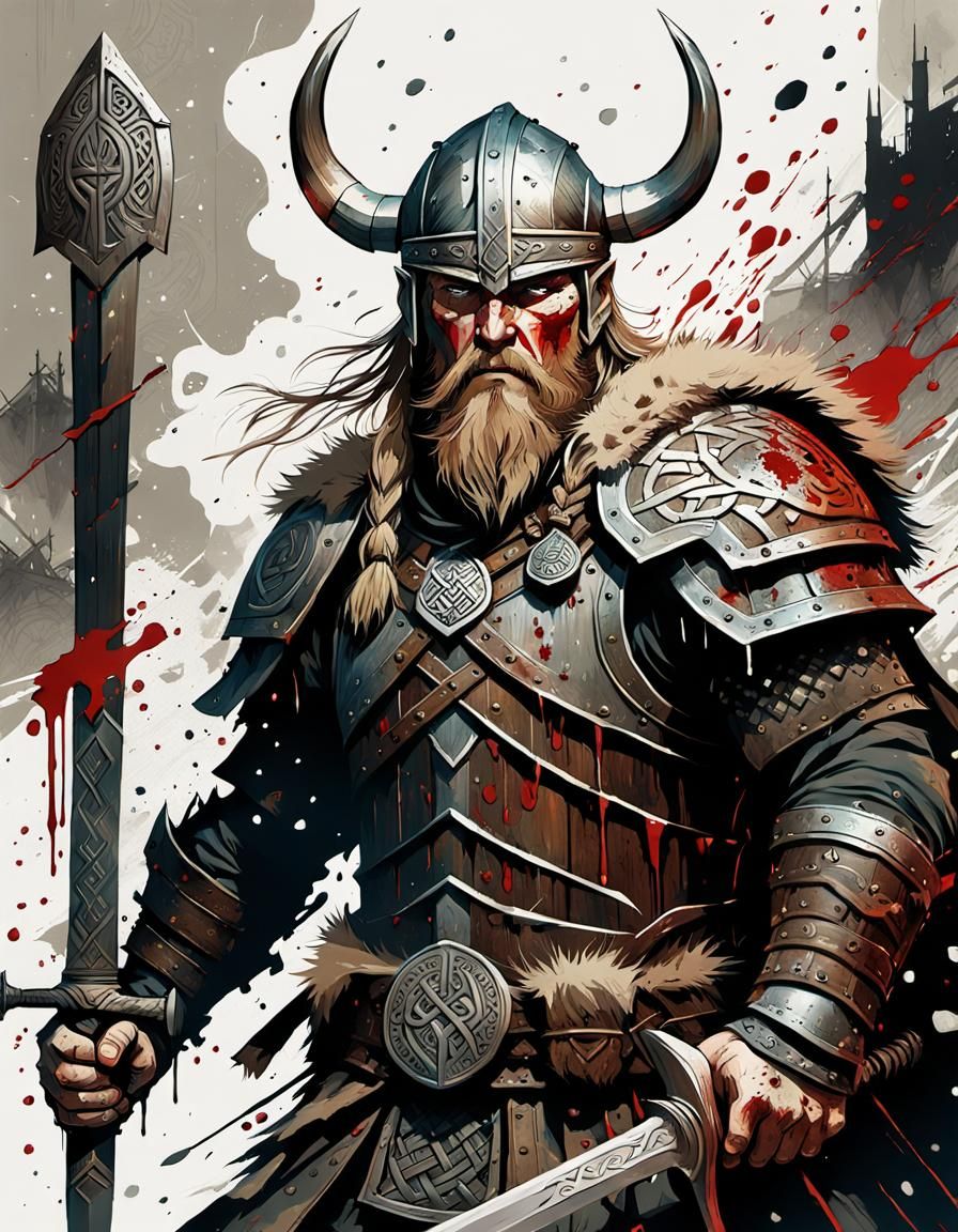 Fierce Viking Battle Scene in Splash Art Style